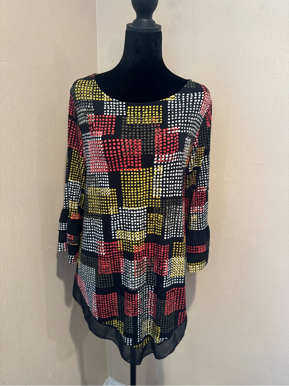 Unique Black Geometric Dot Print Tunic with Red &Yellow Accents & Tiered Cuffs